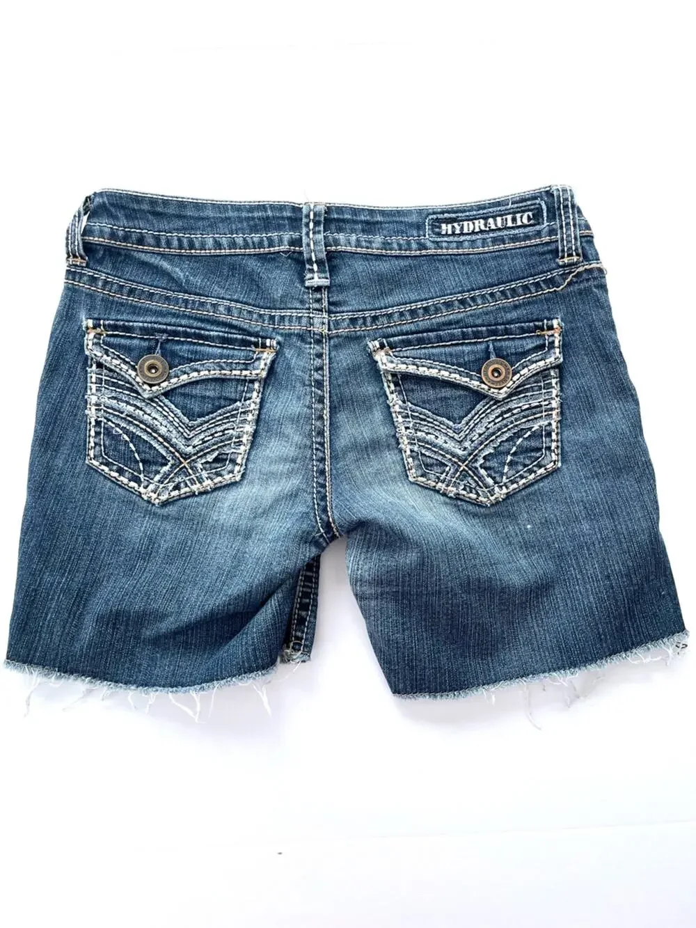 y2K Hydraulic Women's Jean Shorts Embellished Back Flap Pockets White Stitching